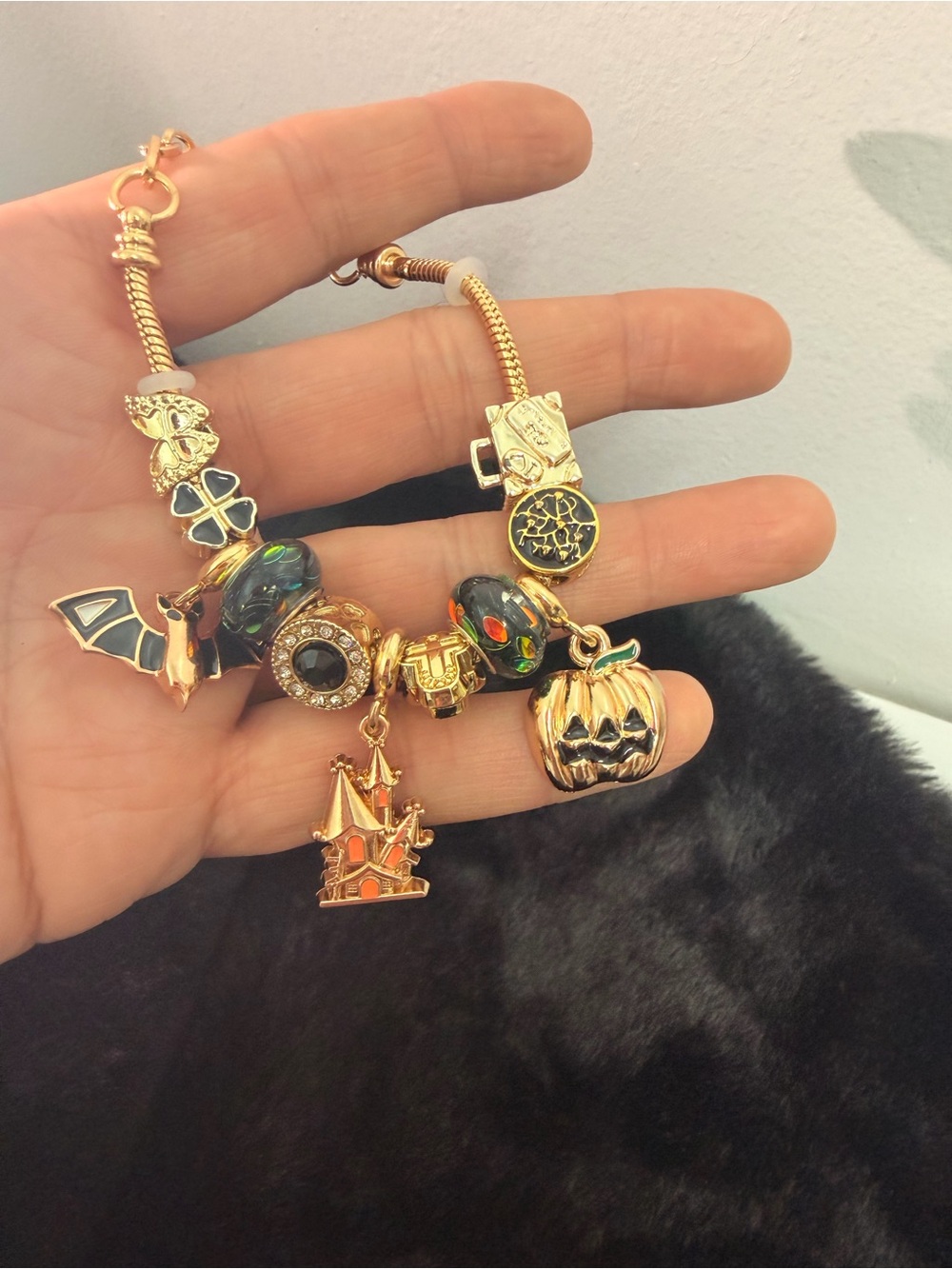 Gold-Tone Halloween Charm Bracelet with Pumpkin, Castle & Bat Charms